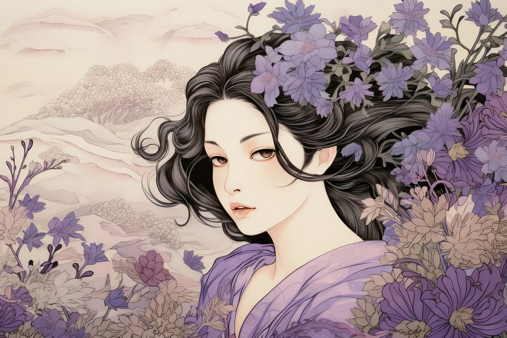Ukiyo-e art print style lavender drawing flower sketch.