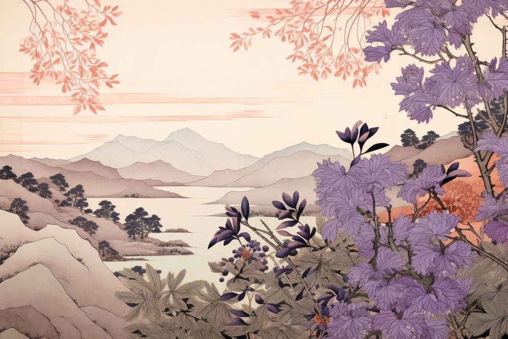 Ukiyo-e art print style lavender outdoors painting pattern.