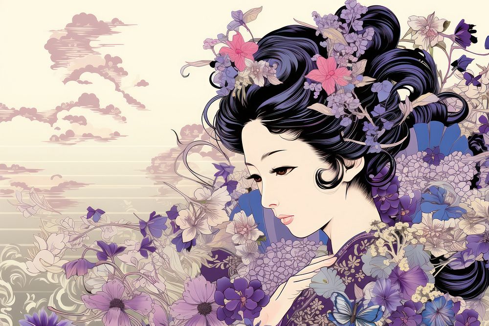 Ukiyo-e art print style lavender pattern fashion flower.