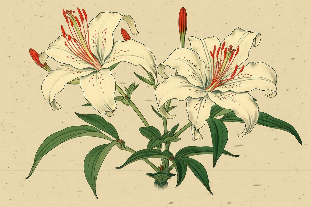 Ukiyo-e art print style lily flower plant inflorescence.