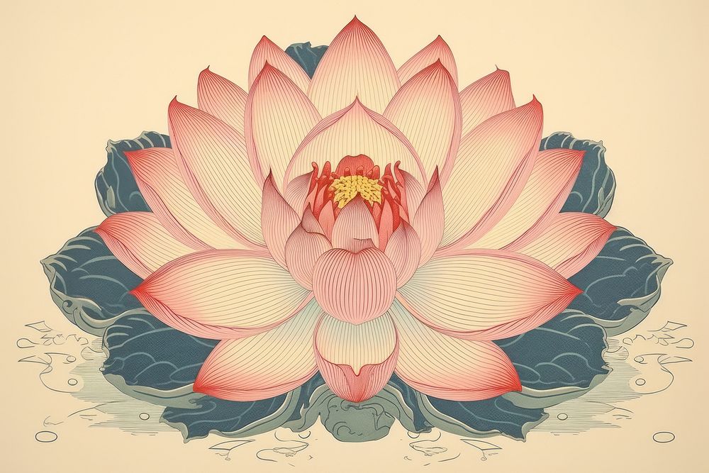 Ukiyo-e art print style Lotus flower petal lily.