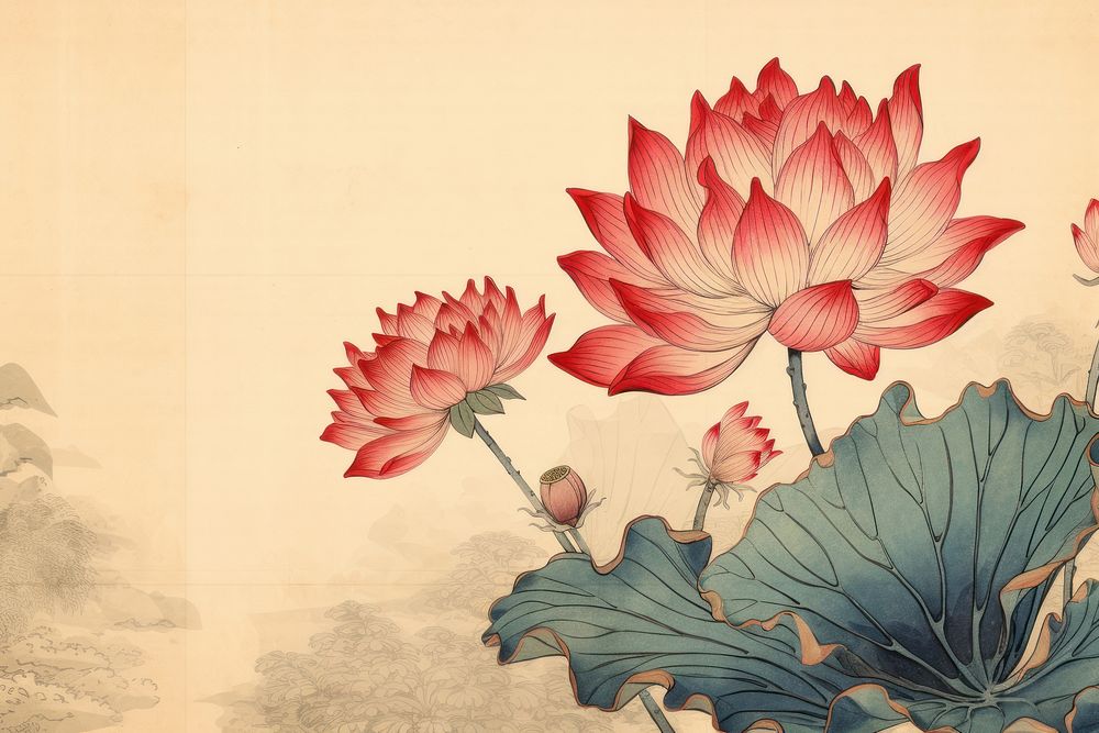 Ukiyo-e art print style lotus pattern flower plant.