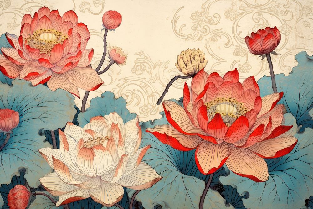 Ukiyo-e art print style lotus backgrounds painting pattern.