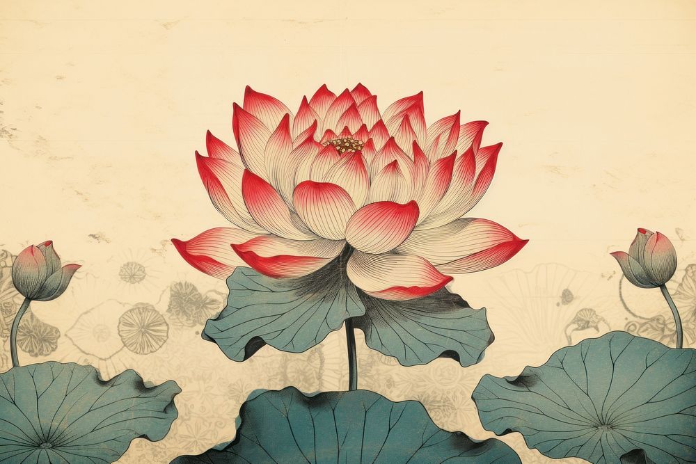 Ukiyo-e art print style lotus flower petal plant.