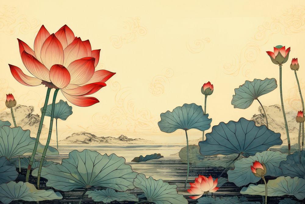 Ukiyo-e art print style Lotus flower plant lily.