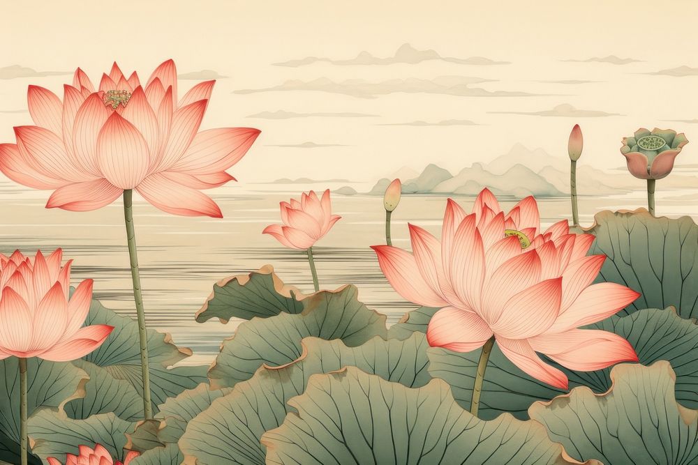 Ukiyo-e art print style Lotus flower plant lily.