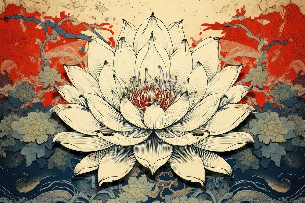 Ukiyo-e art print style Lotus backgrounds pattern flower.