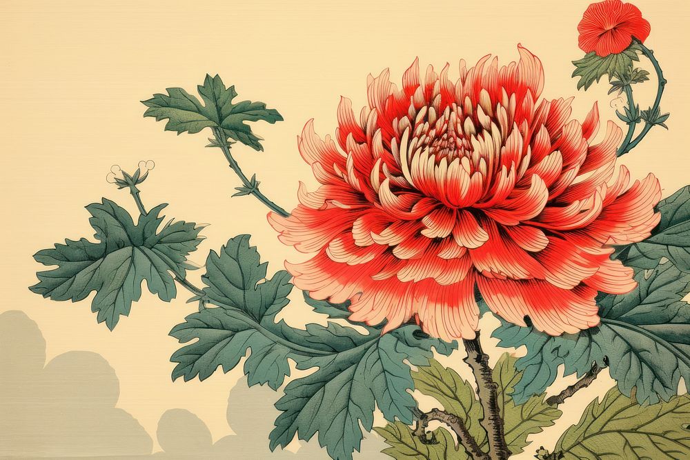 Ukiyo-e art print style lris flower pattern dahlia plant.