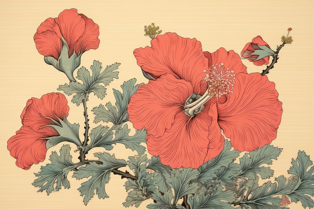 Ukiyo-e art print style lris flower hibiscus plant red.