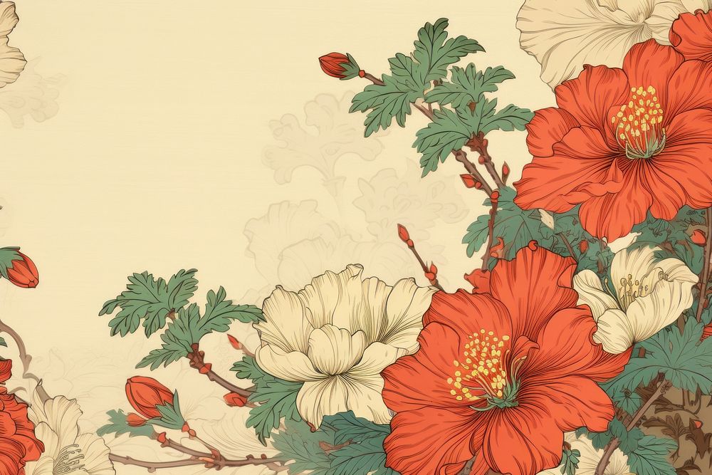 Ukiyo-e art print style lris flower backgrounds hibiscus pattern.