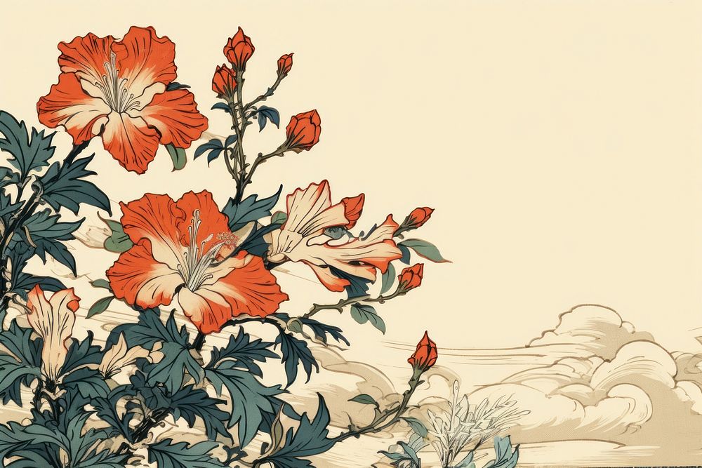 Ukiyo-e art print style lris flower hibiscus pattern plant.