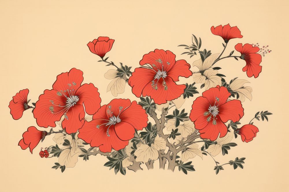 Ukiyo-e art print style lris flower hibiscus pattern plant.
