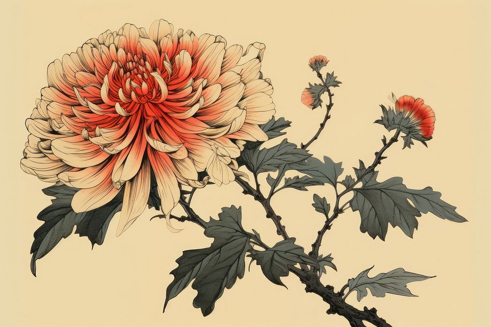 Ukiyo-e art print style lris flower dahlia plant leaf.