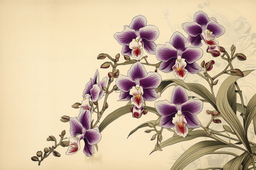 Ukiyo-e art print style orchid flower plant inflorescence.