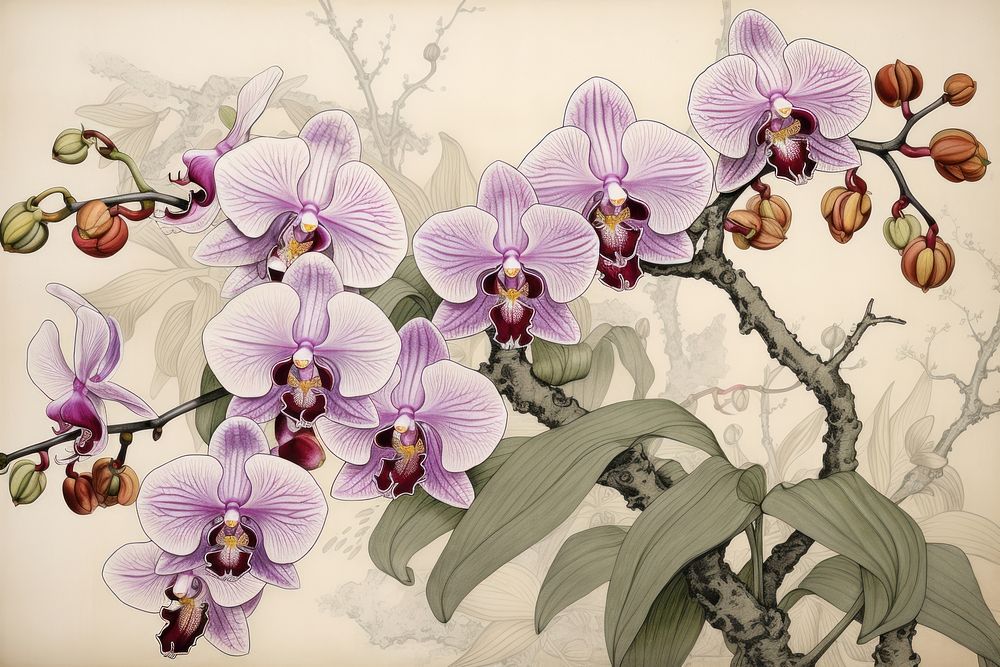 Ukiyo-e art print style orchid blossom flower plant.