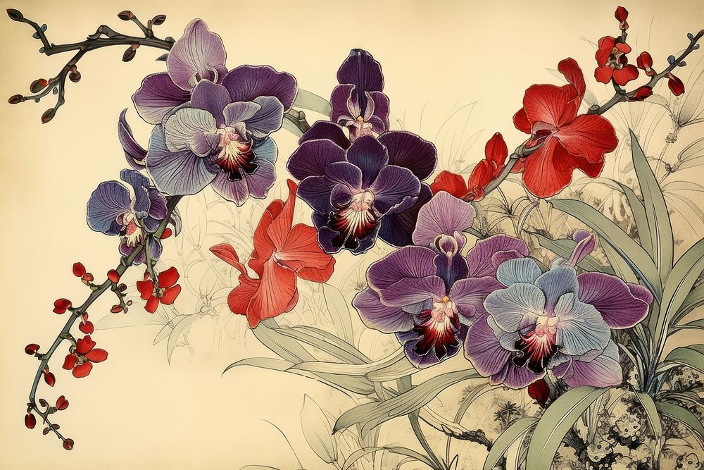 Ukiyo-e art print style orchid pattern flower plant.