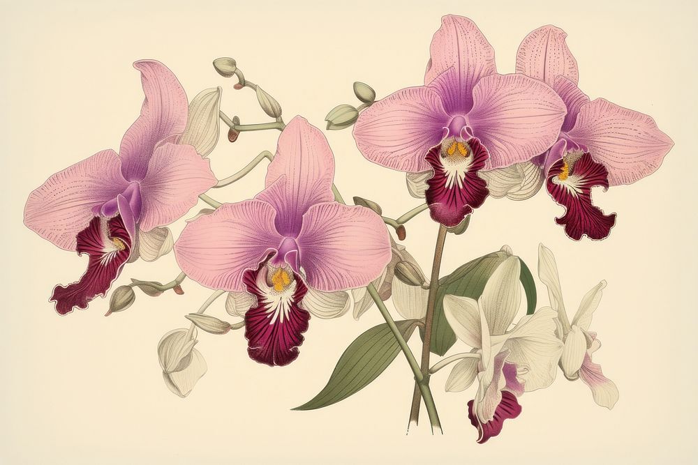 Ukiyo-e art print style orchid flower plant inflorescence.