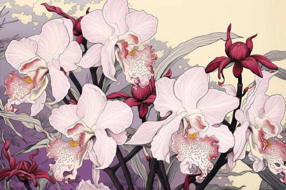 Ukiyo-e art print style orchid flower plant creativity.