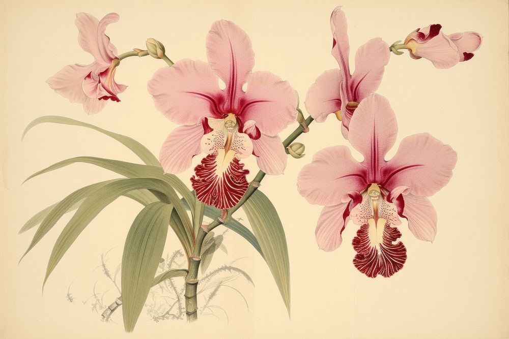 Ukiyo-e art print style orchid flower petal plant.