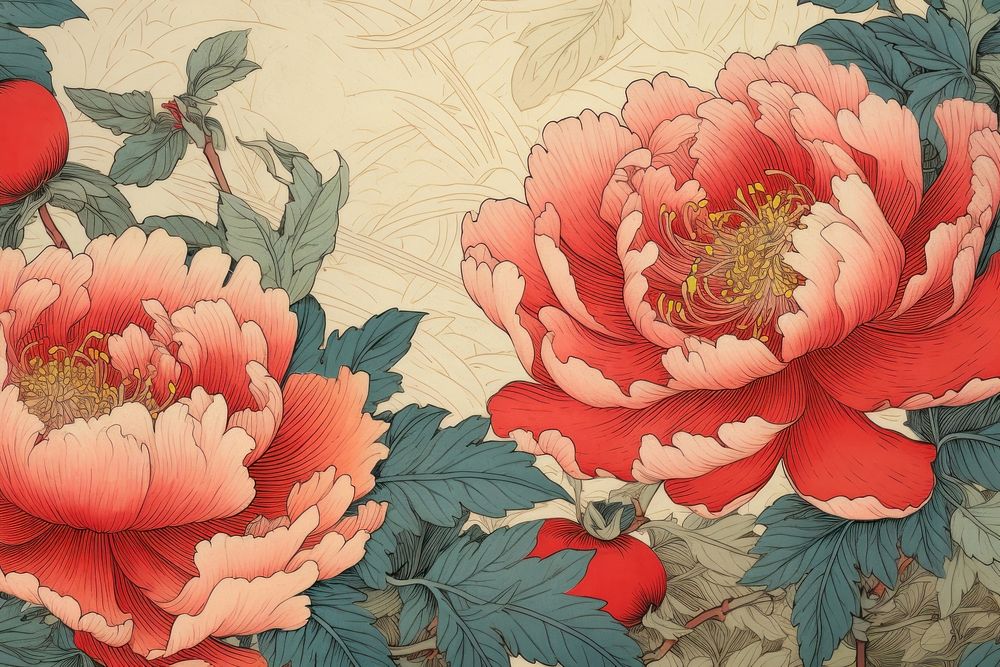 Ukiyo-e art print style peony backgrounds pattern flower.