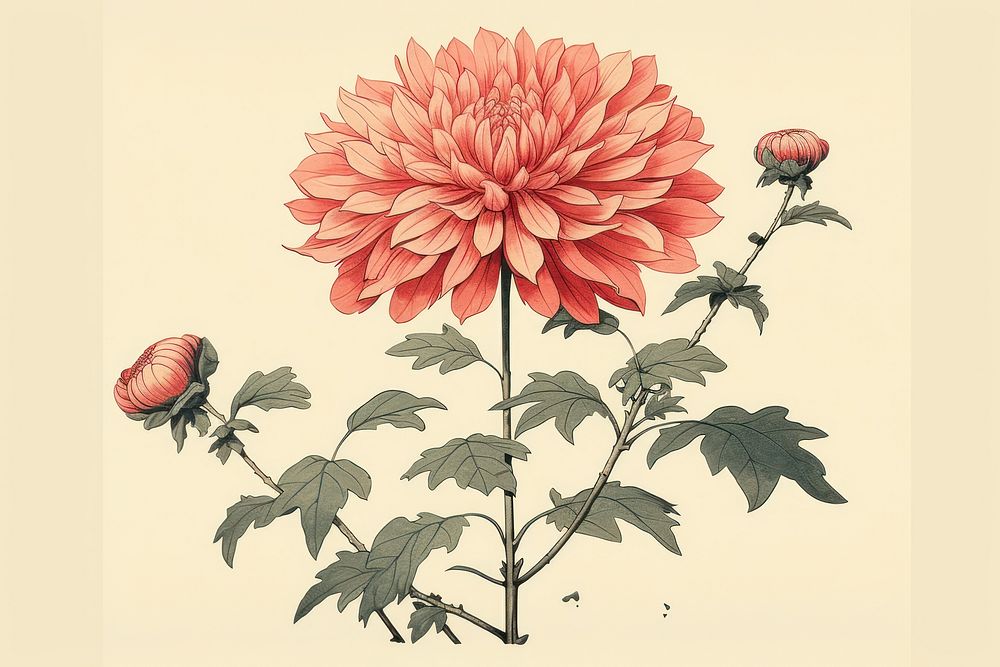 Ukiyo-e art print style pink flower dahlia plant red.