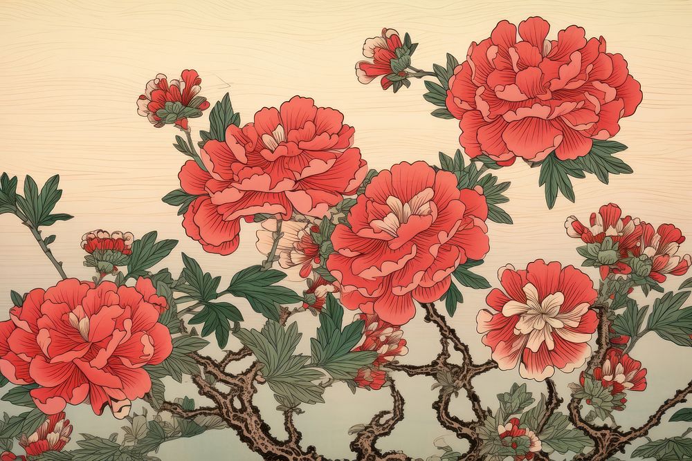 Ukiyo-e art print style pink flower pattern plant red.