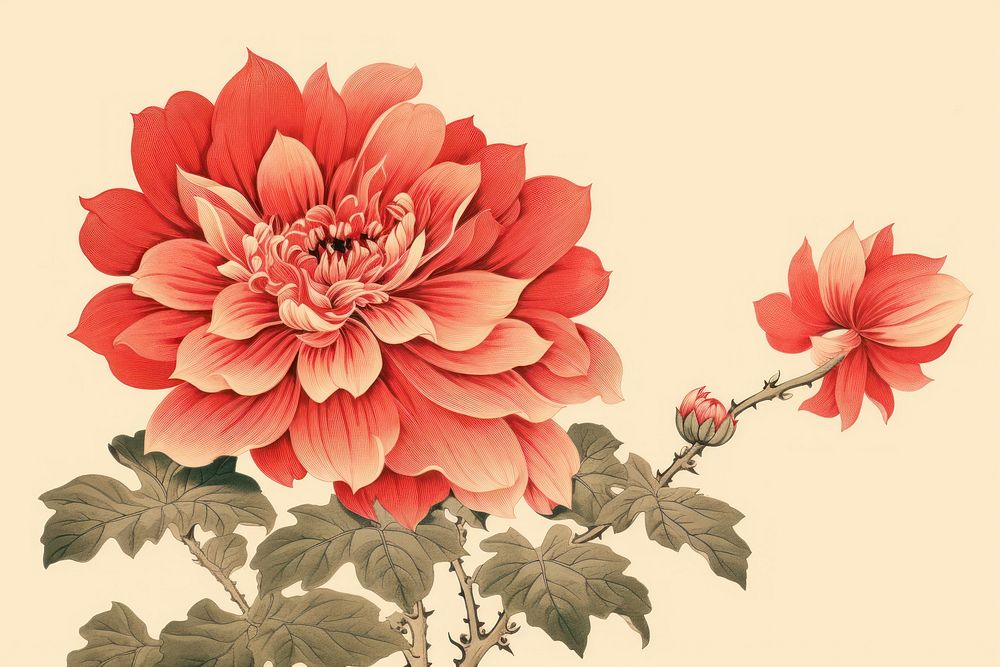Ukiyo-e art print style pink flower dahlia plant petal.
