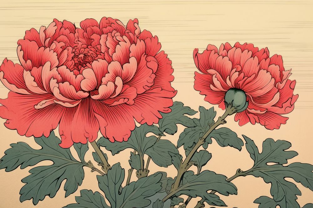 Ukiyo-e art print style pink flower pattern dahlia petal.
