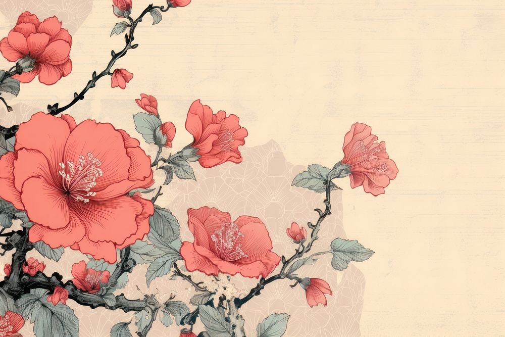 Ukiyo-e art print style pink flower backgrounds blossom pattern.
