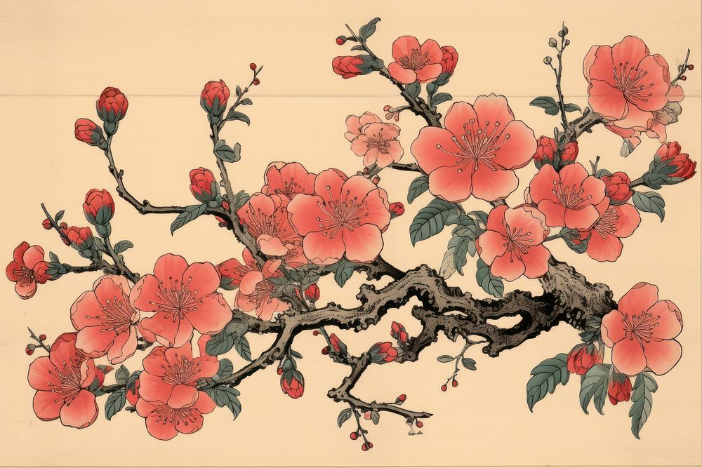 Ukiyo-e art print style pink flower blossom plant red.