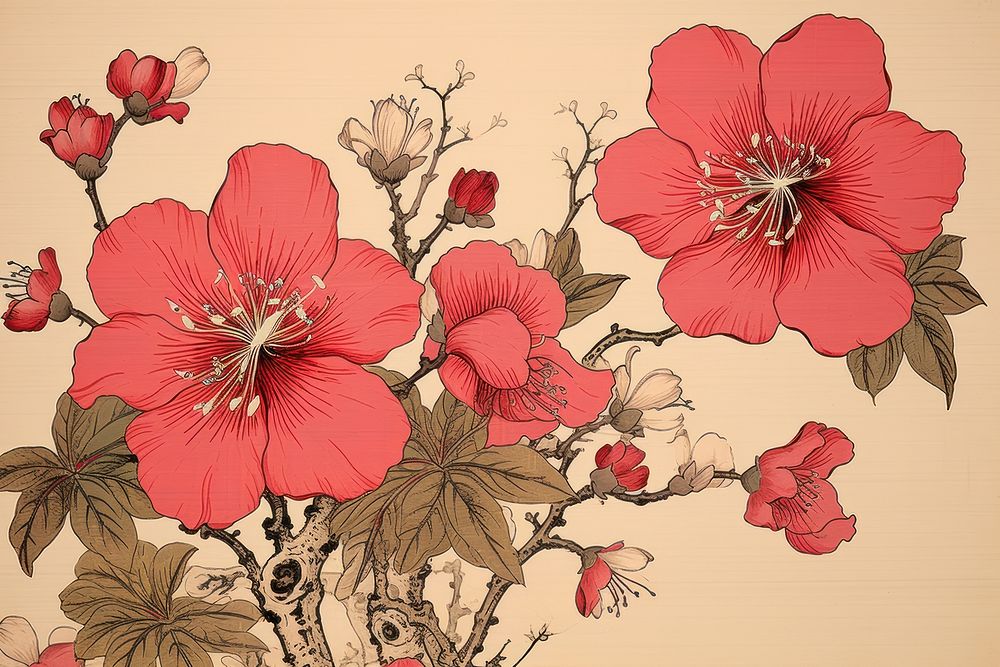 Ukiyo-e art print style pink flower hibiscus plant rose.
