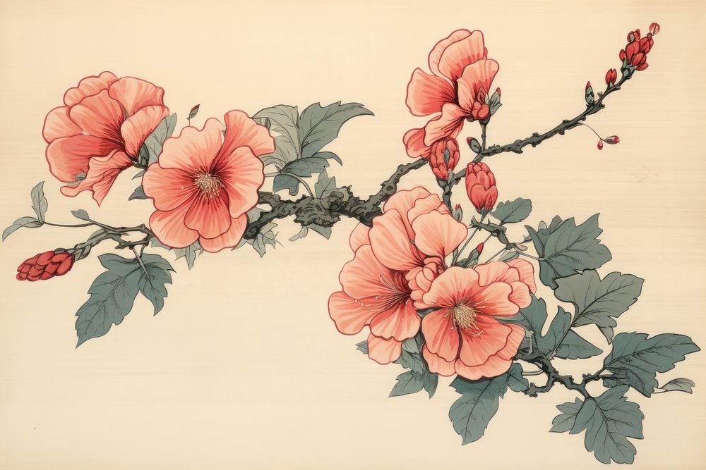 Ukiyo-e art print style pink flower hibiscus blossom pattern.
