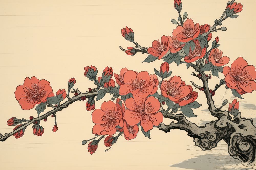 Ukiyo-e art print style pink flower painting blossom plant.