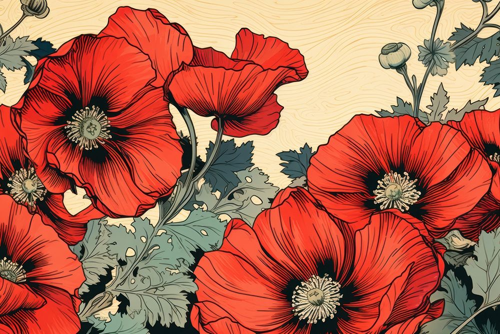 Ukiyo-e art print style poppy backgrounds pattern flower.