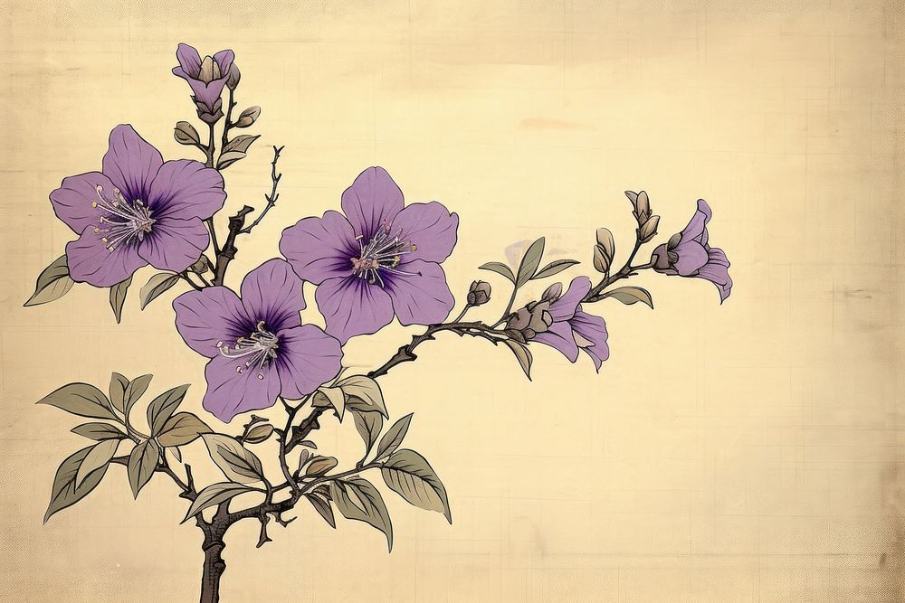 Ukiyo-e art print style purple flower blossom plant inflorescence.