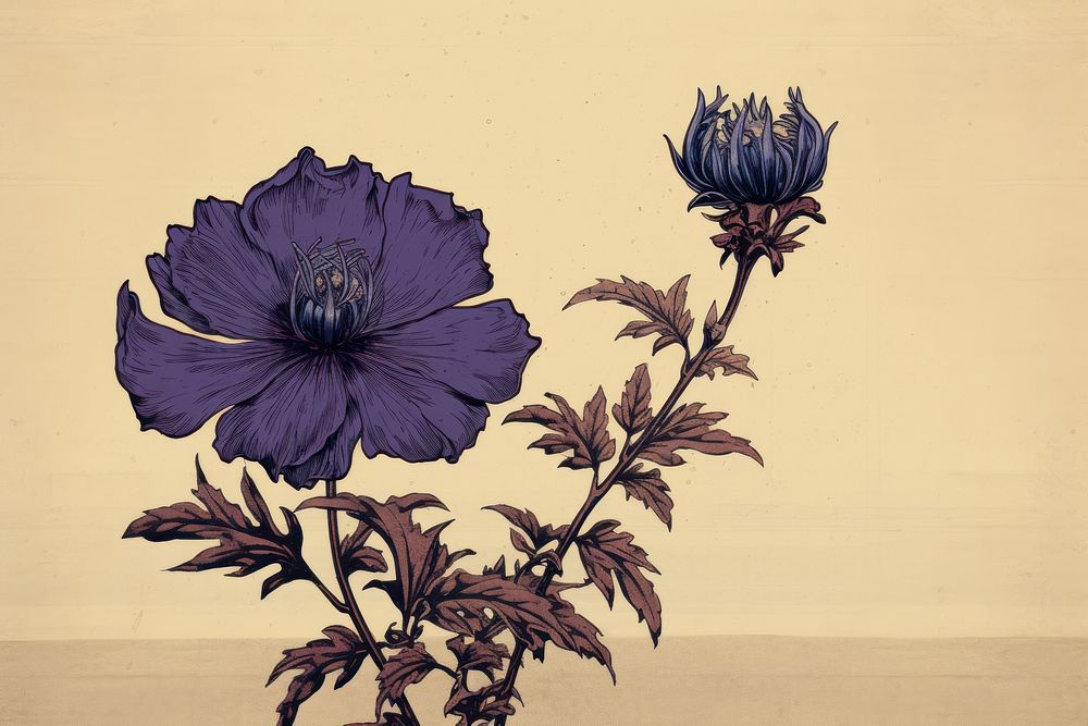Ukiyo-e art print style purple flower plant petal inflorescence.