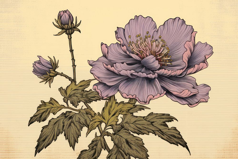Ukiyo-e art print style purple flower blossom pattern drawing.