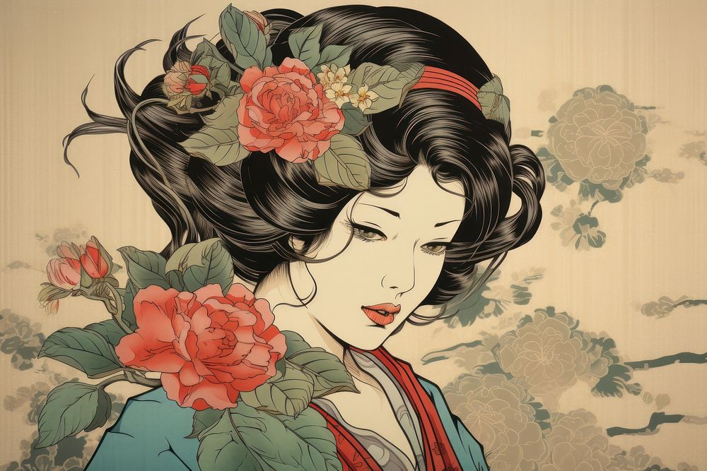 Ukiyo-e art print style Rose rose pattern drawing.