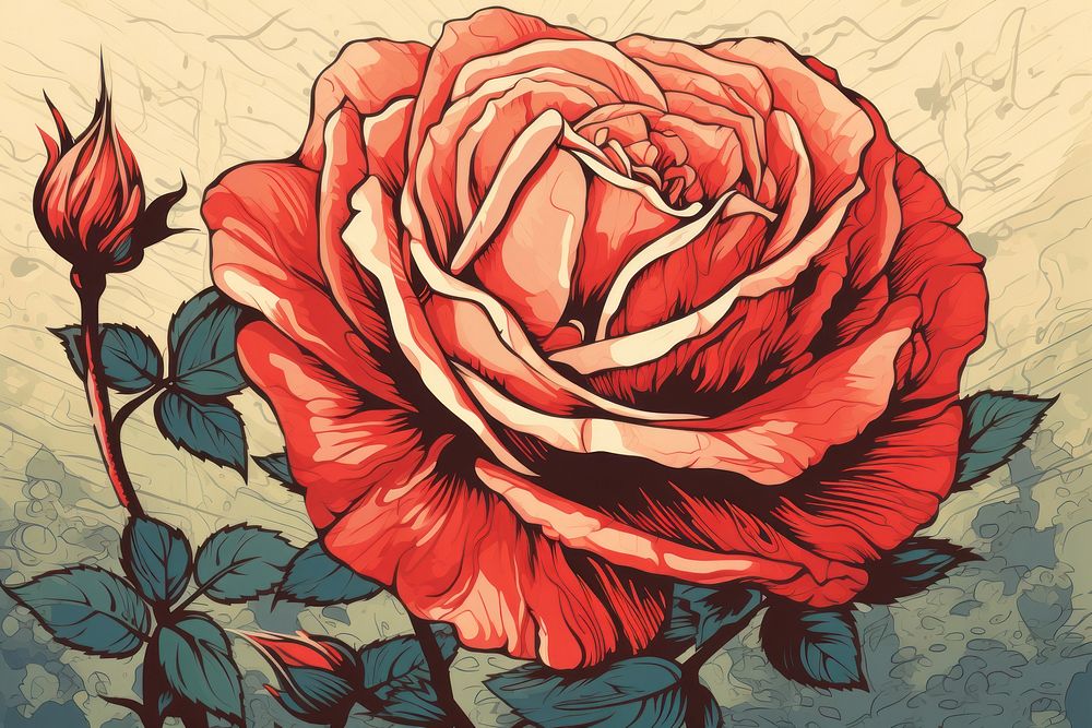 Ukiyo-e art print style Rose rose painting flower.
