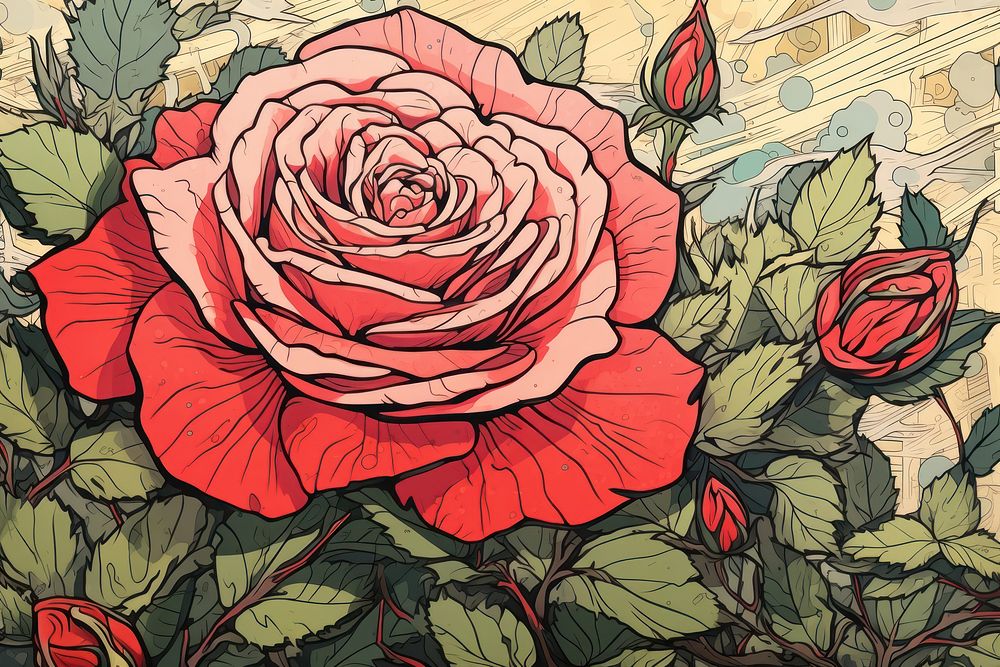 Ukiyo-e art print style Rose rose backgrounds painting.