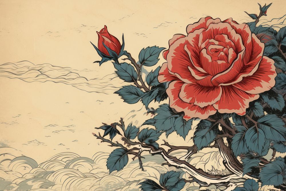 Ukiyo-e art print style Rose rose painting pattern.