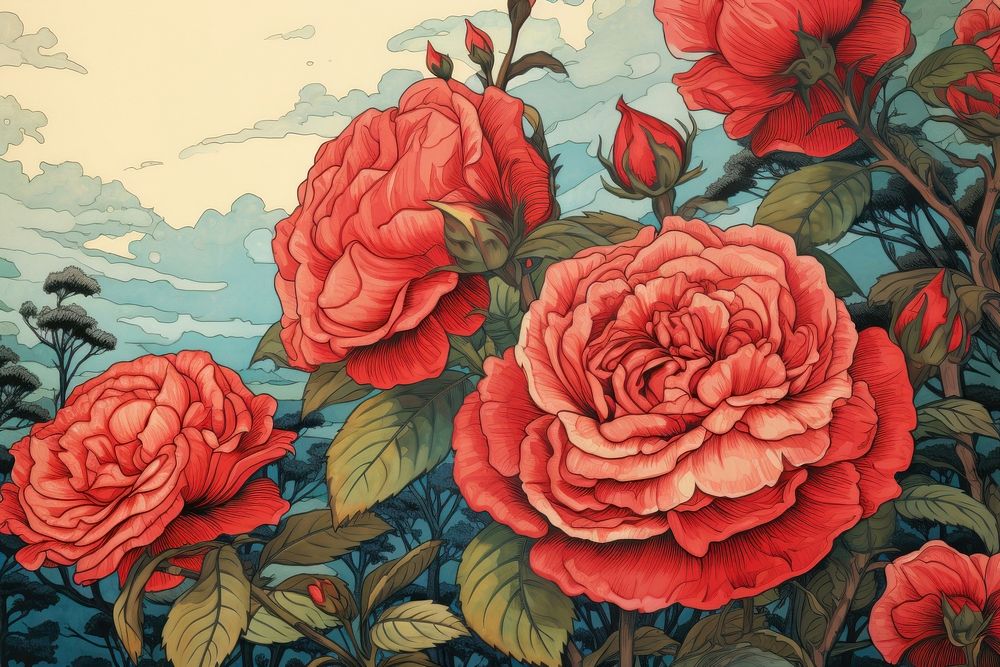 Ukiyo-e art print style Rose rose painting pattern.
