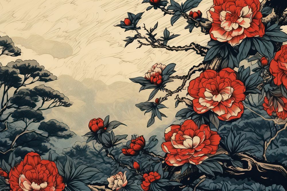 Ukiyo-e art print style Rose rose backgrounds pattern.