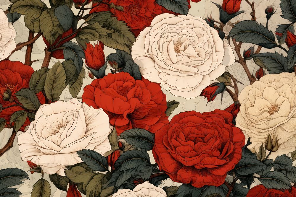 Ukiyo-e art print style Rose rose backgrounds pattern.