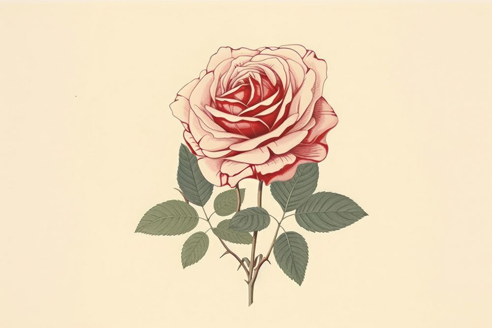 Ukiyo-e art print style Rose rose flower plant.