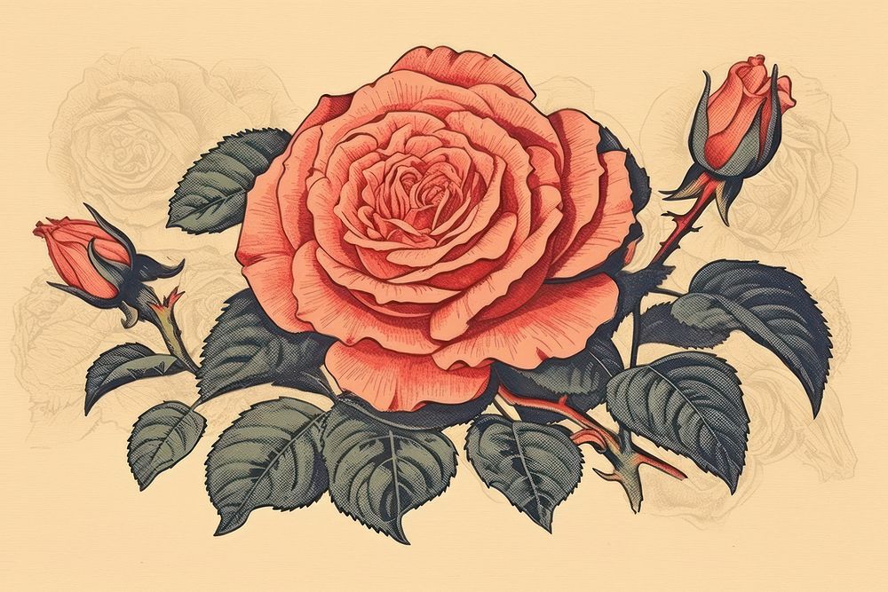 Ukiyo-e art print style Rose rose pattern flower.