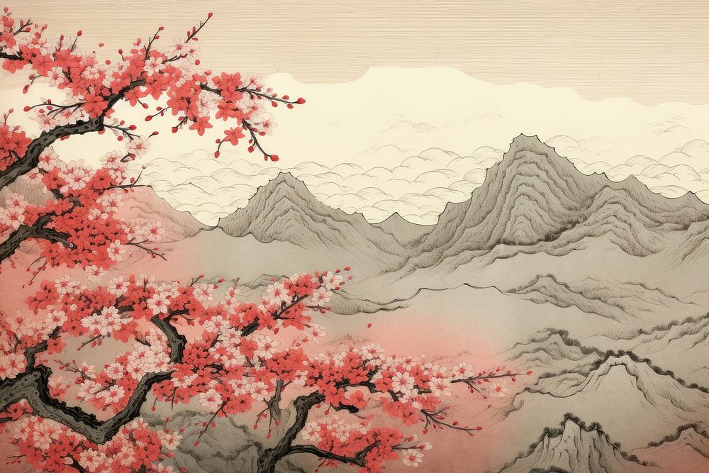 Ukiyo-e art print style sakura backgrounds plant red.