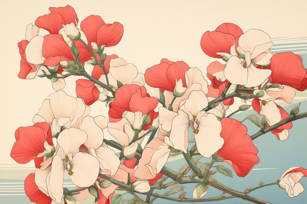 Ukiyo-e art print style sweet pea blossom pattern flower.