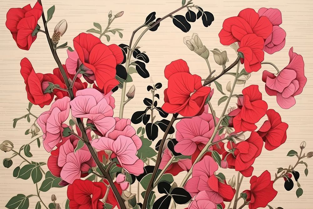 Ukiyo-e art print style sweet pea backgrounds pattern flower.