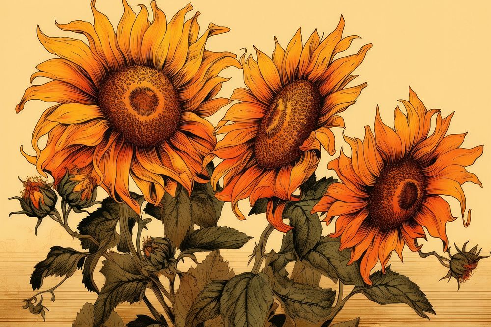 Ukiyo-e art print style sunflower plant inflorescence creativity.